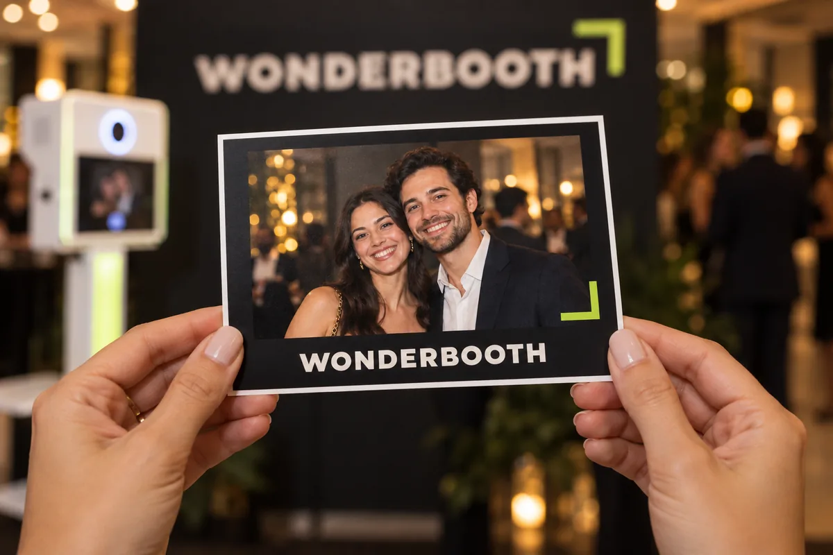 Stampa fotografica WonderBooth personalizzata, tenuta tra le mani.