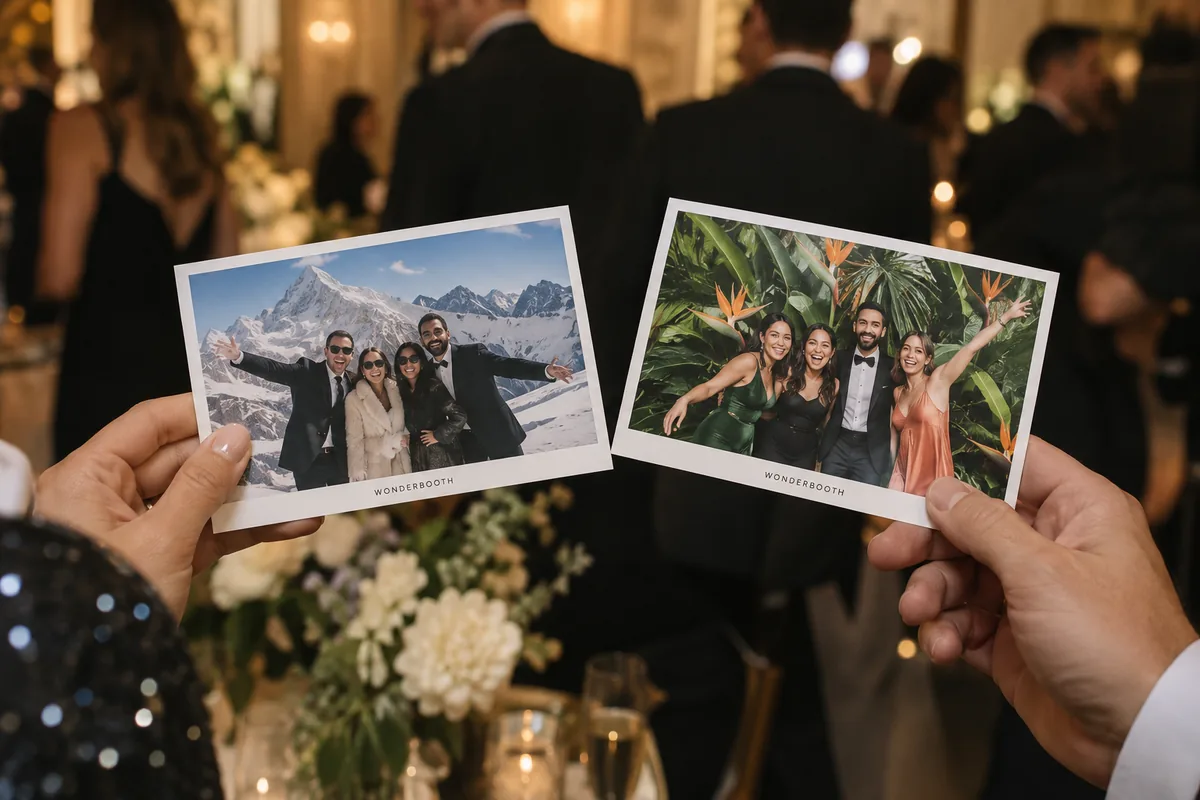 Mani che condividono stampe fotografiche durante un evento