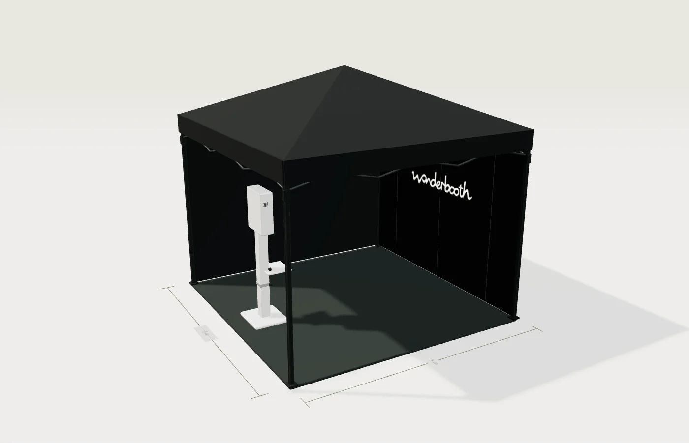 Three-dimensional view of the black 3 × 3 metre gazebo with the white photo totem inside
