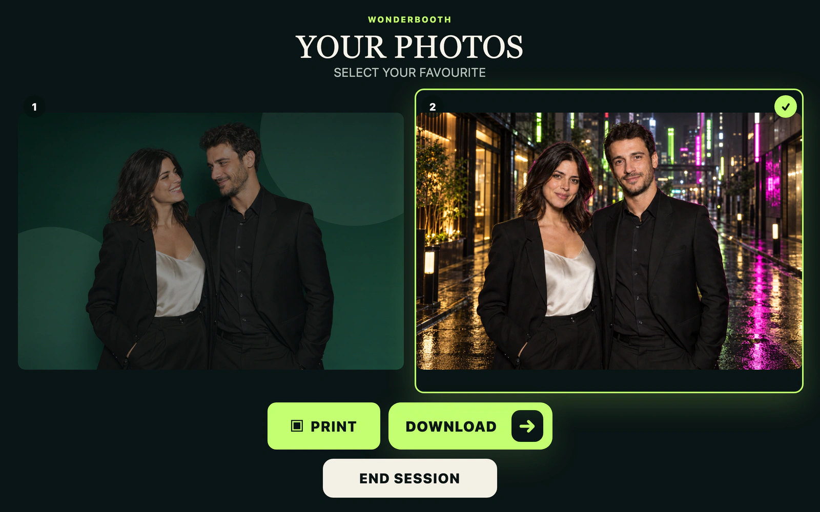 WonderBooth gallery: two different photographs of the same couple, against a green backdrop and in Tokyo, with print and download controls.