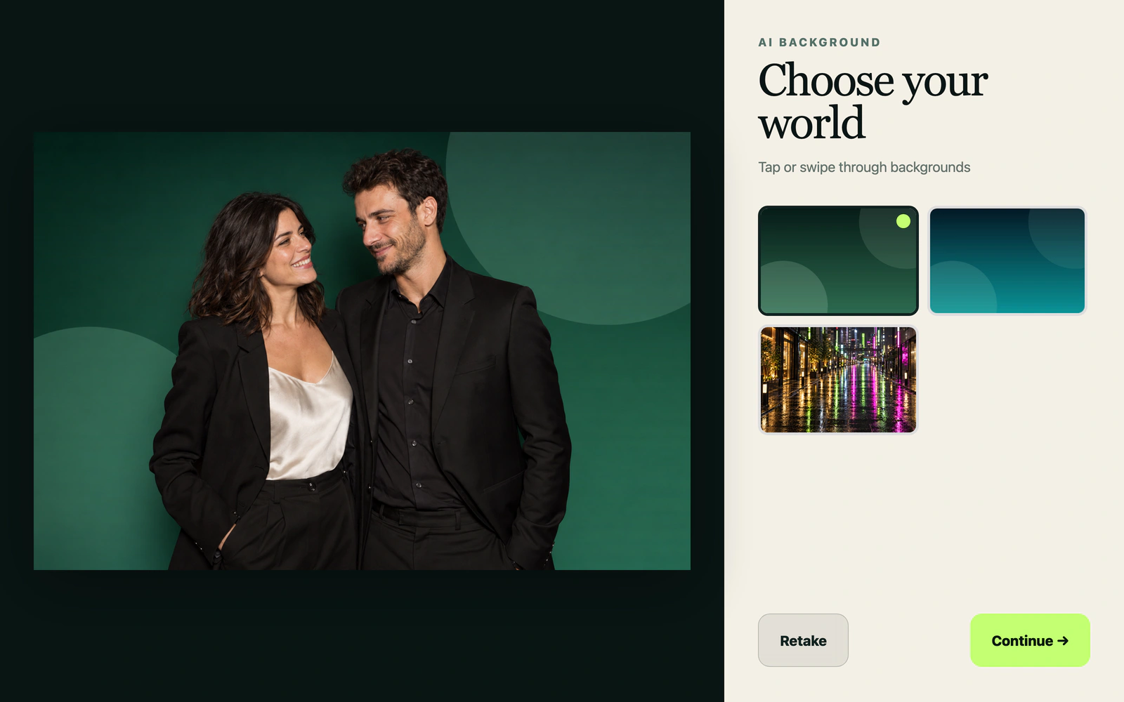 WonderBooth interface: a couple against the green backdrop, matching the first selected background.