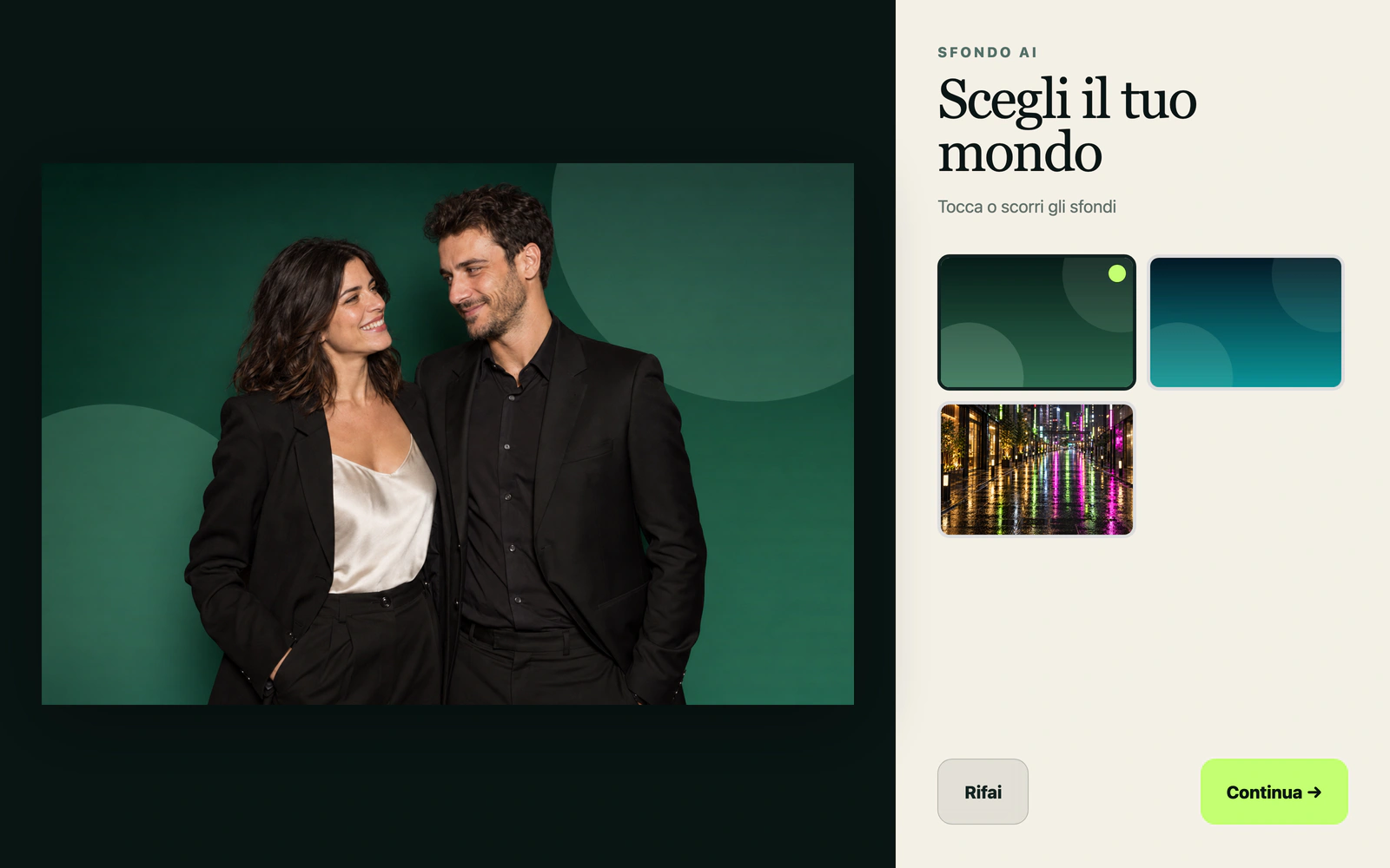 Interfaccia WonderBooth: una coppia sul fondale verde, corrispondente al primo sfondo selezionato.