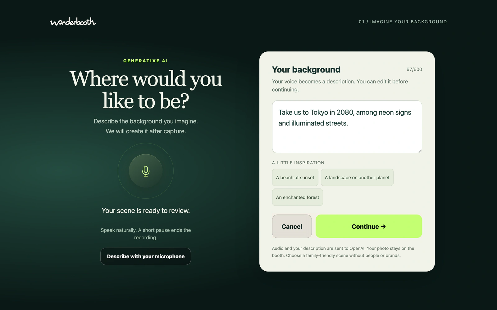 WonderBooth voice interface: microphone and transcribed request for a Tokyo scene in 2080, ready to confirm.